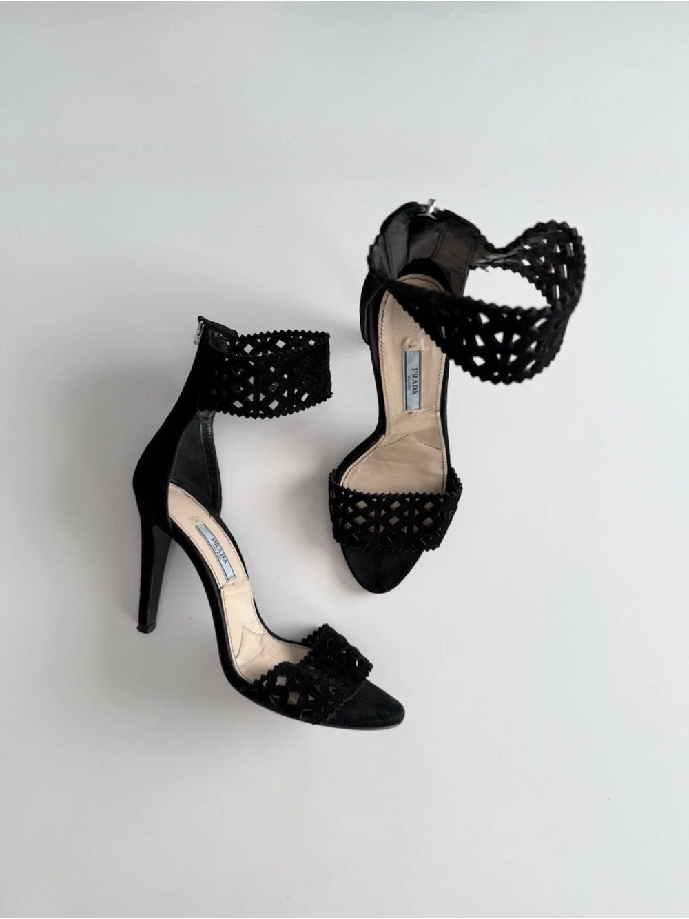 Vintage Prada black suede open toe heels